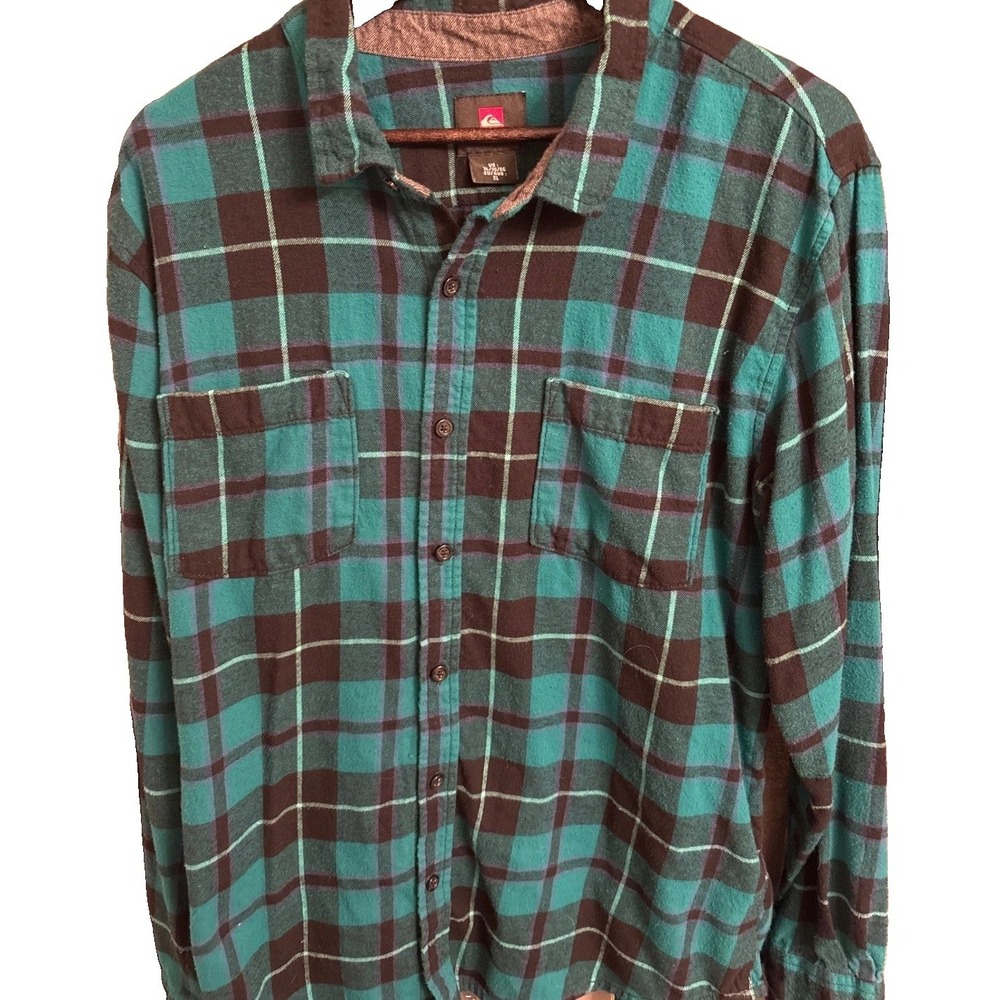 Quiksilver Mens XL Teal Black Plaid Flannel Button Down Shirt Cotton Long Sleeve